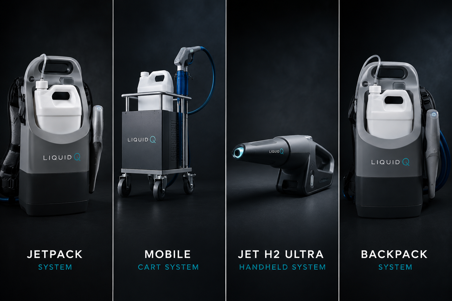 Liquid Q product lineup: JetPack, Mobile, Jet H2 Ultra, and Backpack systems